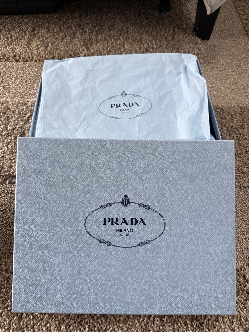 Authentic Prada Light Blue Milano Logo Gift Box with original tissue paper